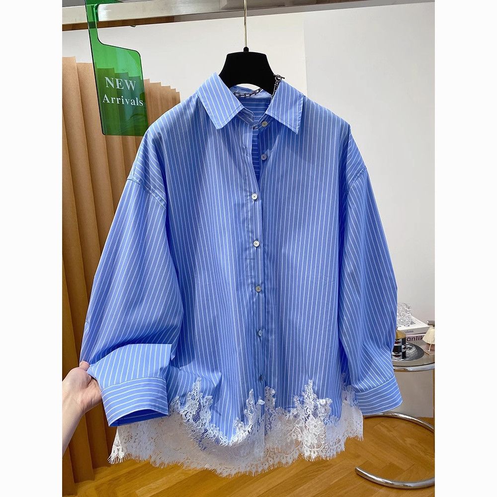 Dentelle Patchwork à manches longues bleu rayé chemise Blusas Femininas Elegantes chemises et chemisiers Camisas De Mujer été