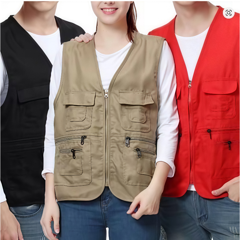 Vêtements de travail gilet multi-poches couleur unie décontracté sans manches fermeture éclair vêtements de travail col en V gilet de volontaire pour la pêche