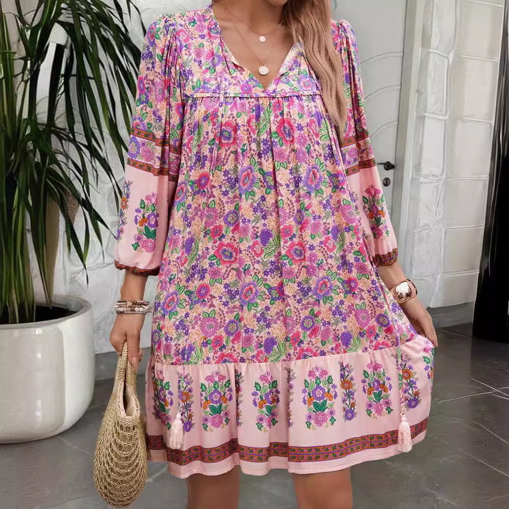 Canwelégiti- Robe imprimée bohème pour femme, col en V, chic, courte, adt fit, viscose, robes de vacances, hippicopter, robe éducative