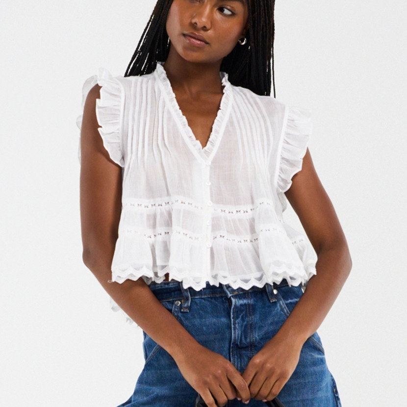 Chemisier Femme à Col V et Manches Volantées avec Dentelle, Boutons sur le Devant, Top Court Transparent Brodé à Motifs, Chemise Décontractée d'Été Style Streetwear
