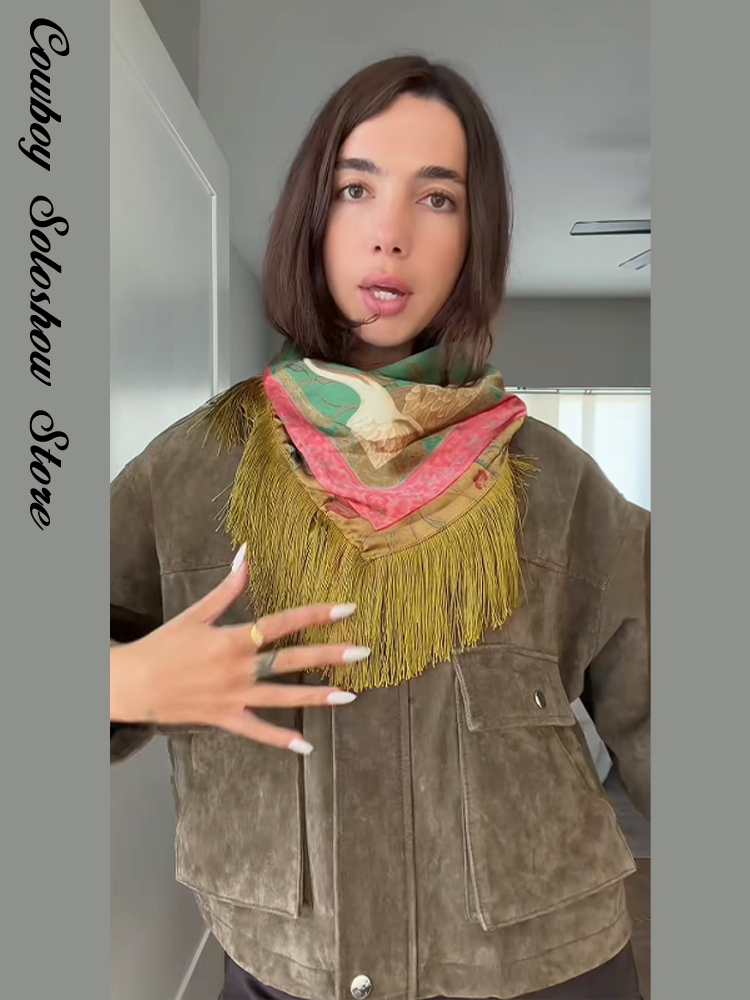 Écharpe carrée vintage imprimée à franges et patchwork pour femme, vert, mode décontractée, style urbain, châle de printemps 2026