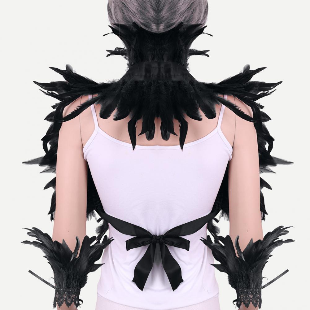 1 ensemble d'écharpe d'épaule Cosplay avec anneau de poignet, Style gothique, Imitation plume, châle en dentelle ajouré, châle de spectacle sur scène