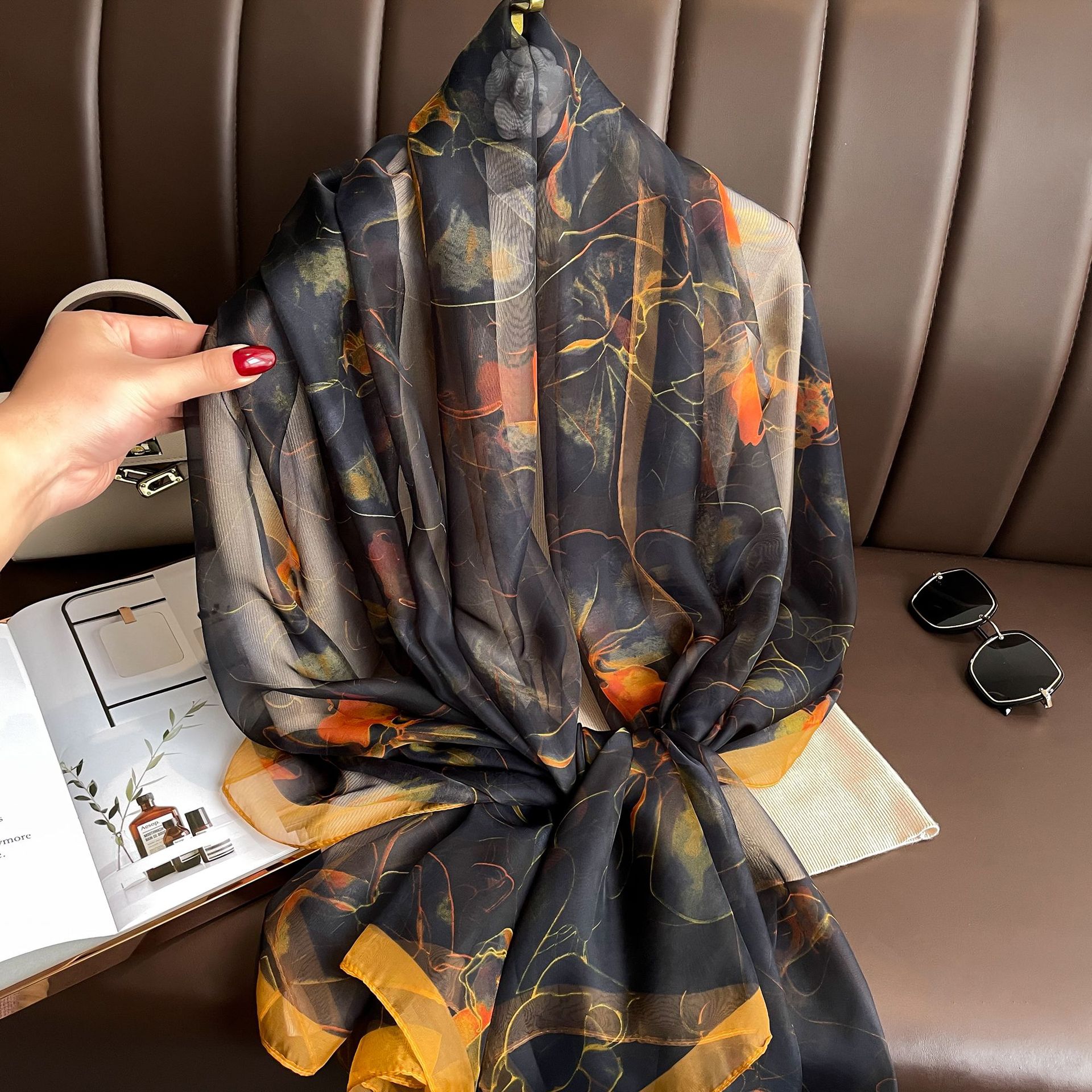 Foulard en soie Foulard femme bandeau luxe Hijab femmes doux chaud Pashmina plage foulards Echarpe châle grand enveloppement Echarpe Bandana