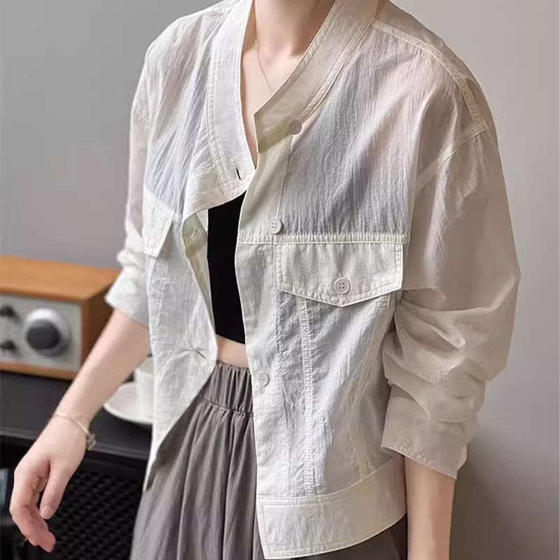 Chemise de protection solaire à manches longues en soie glacée pour femmes, manteau d'été, ample, léger, court, climatisation, chemise décontractée respirante