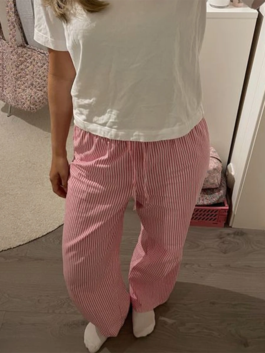Pantalon décontracté à imprimé rayé pour femme, taille élastique, pantalon droit avec poches, bas de sommeil, vêtements de maison coréens