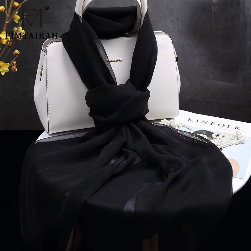 Fimchlorin-Foulard en mousseline de soie pour femme, couleur noire, 100% véritable, fine, solide