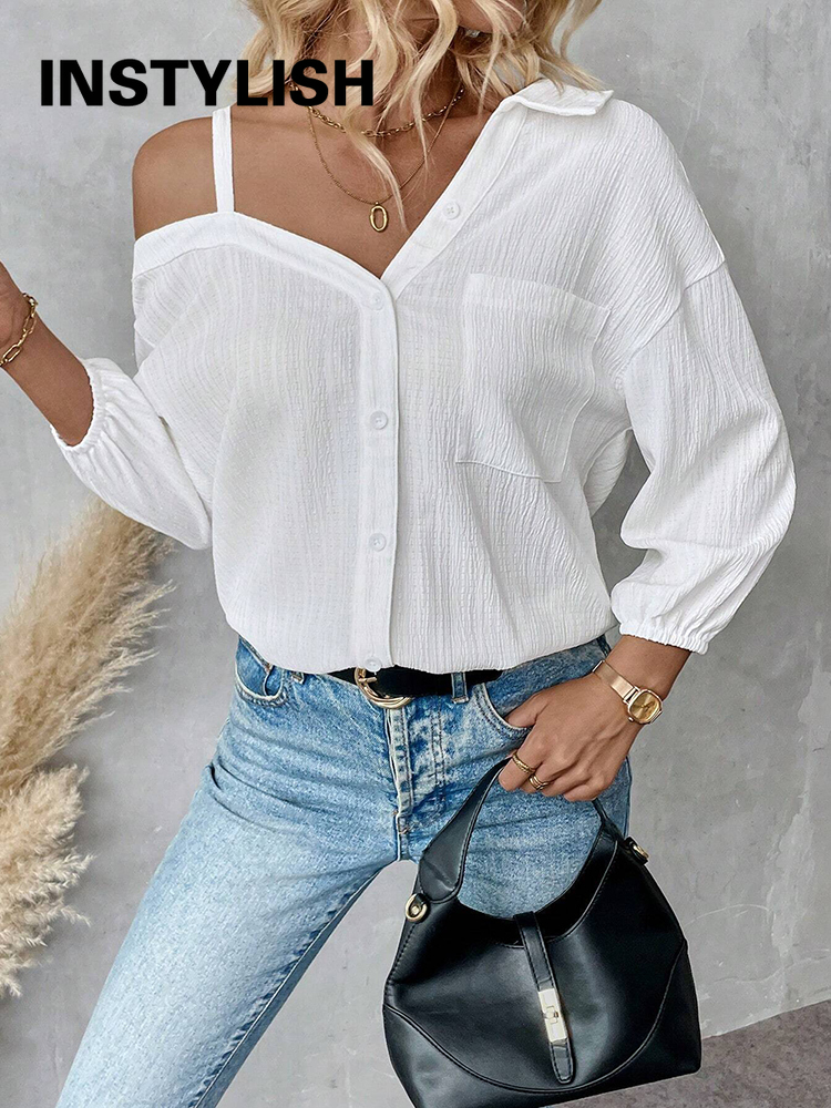 Chemise élégante pour femmes, épaules dénudées, trois quarts, chemisier sexy, décontracté, boutons unis, chemise ample, hauts de bureau pour femmes, streetwear, tuniques
