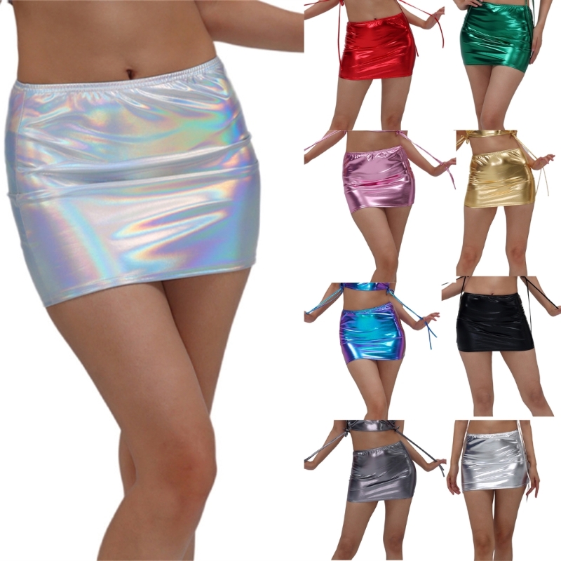 Mini jupe métallique pour femmes design plissé brillant jupes bodycon robe courte super pour les fêtes le cosplay .a5ke