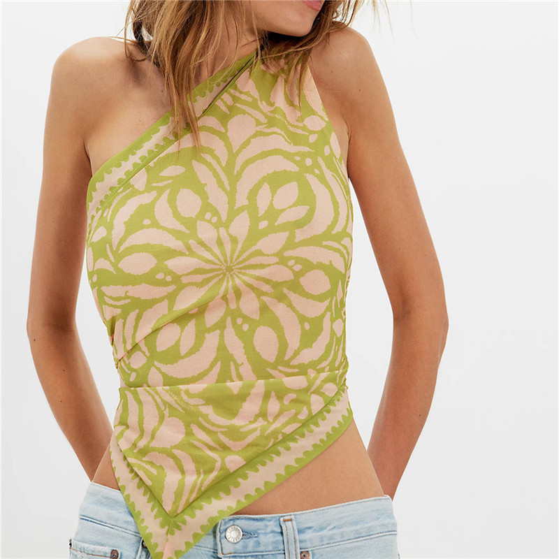 Crop top asymétrique à imprimé mandala bohème pour femme, froncé sur le côté, ourlet irrégulier, dos smocké, cache-maillot de plage, camisole streetwear