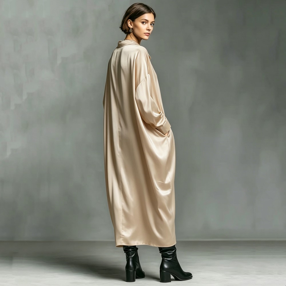Robe longue satinée vintage grande taille pour femme, nouvelle collection, décontractée, ample, printemps-automne, élégante, vêtements 2026