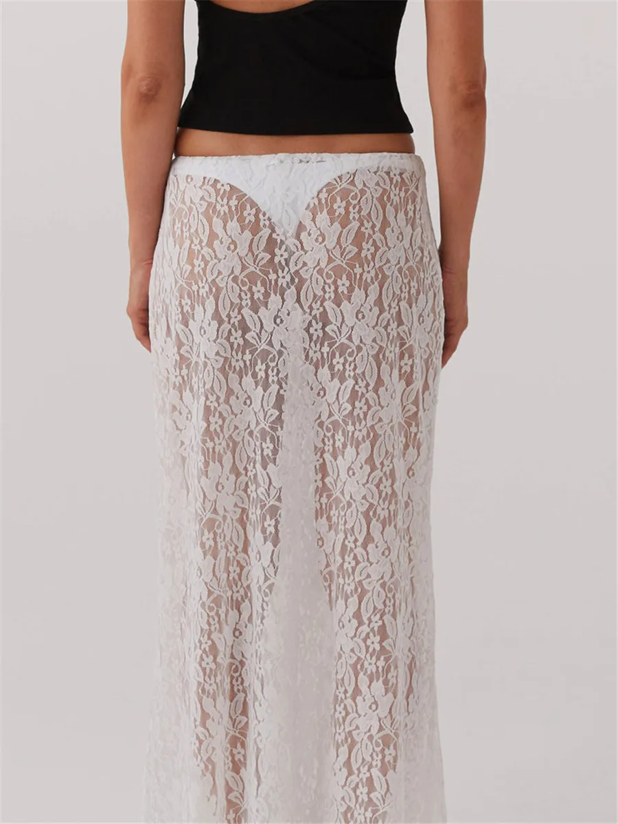 Jupe Maxi en dentelle transparente pour femmes, taille élastique, transparente, moulante, longue, pour fête, Club, Streetwear, fée Y2K, été