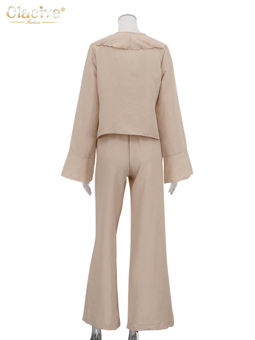 Clacive mode ample kaki deux pièces tenues femme 2025 élégant à manches longues chemise à volants avec taille haute pantalon large ensemble femme