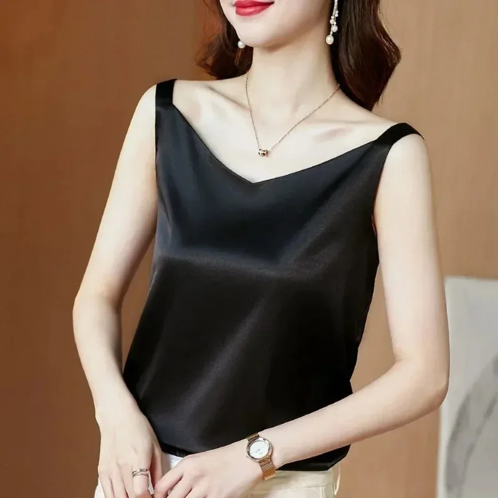 InjWomen-Chemisier Brodé en Satin et Dentelle pour Femme, Haut à Col en V, Imprimé, Style Coréen