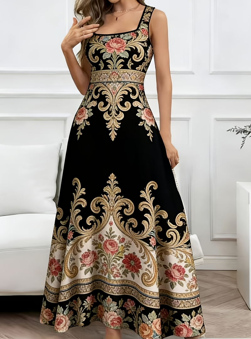 Robe longue sans manches à col carré et imprimé floral baroque vintage pour femme