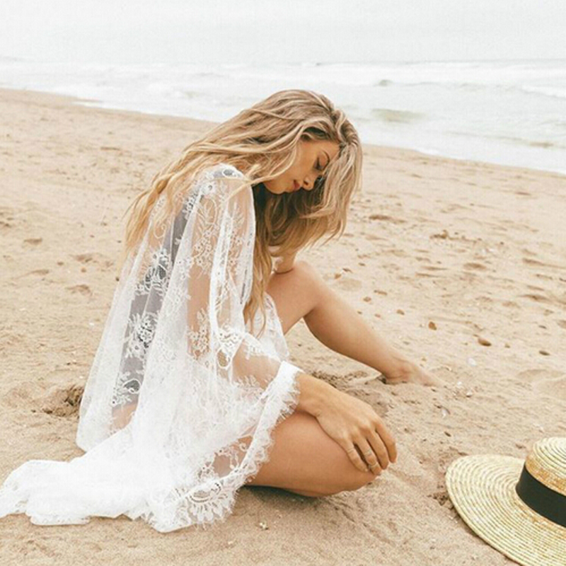 Kimono en dentelle florale trois quarts pour femmes, Cardigan en Crochet, Cover-Up pour les maillots de bain, vêtements de plage, été 2020