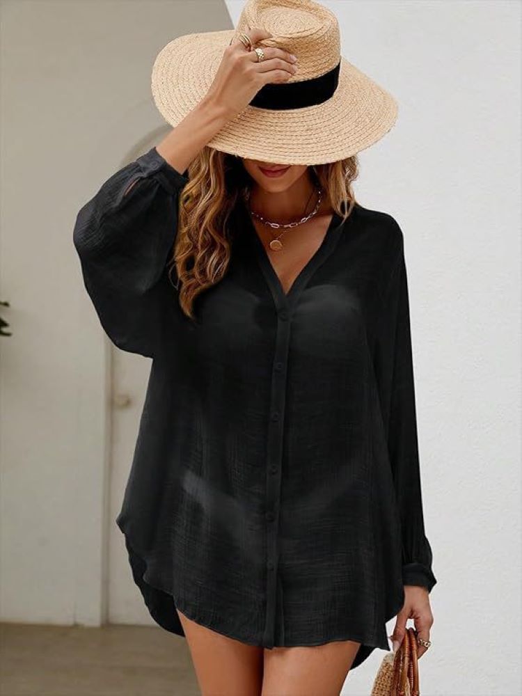 Tunique ample d'été pour femme à manches longues, col en V, boutonnée, fluide, protection solaire, décontractée, pour la plage et les vacances, cache-maillot de bain