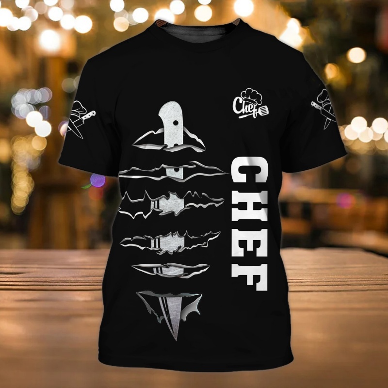 T-shirt à motif uniforme de chef pour hommes, couteau de chef imprimé en 3D, t-shirts d'été Harajuku à manches courtes, hauts amples de style streetwear, t-shirts de sport