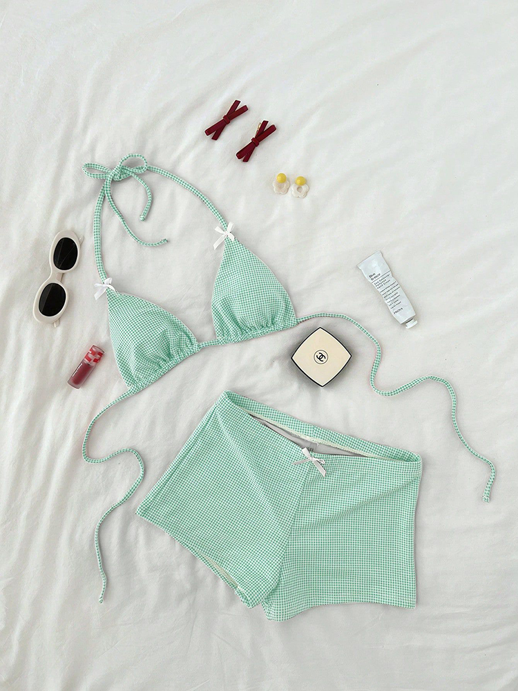 Ensemble bikini à carreaux Circyy pour femme, avec nœud à porter autour du cou, short de plage taille haute, maillot de bain deux pièces pour les vacances, Nouveauté été 2026