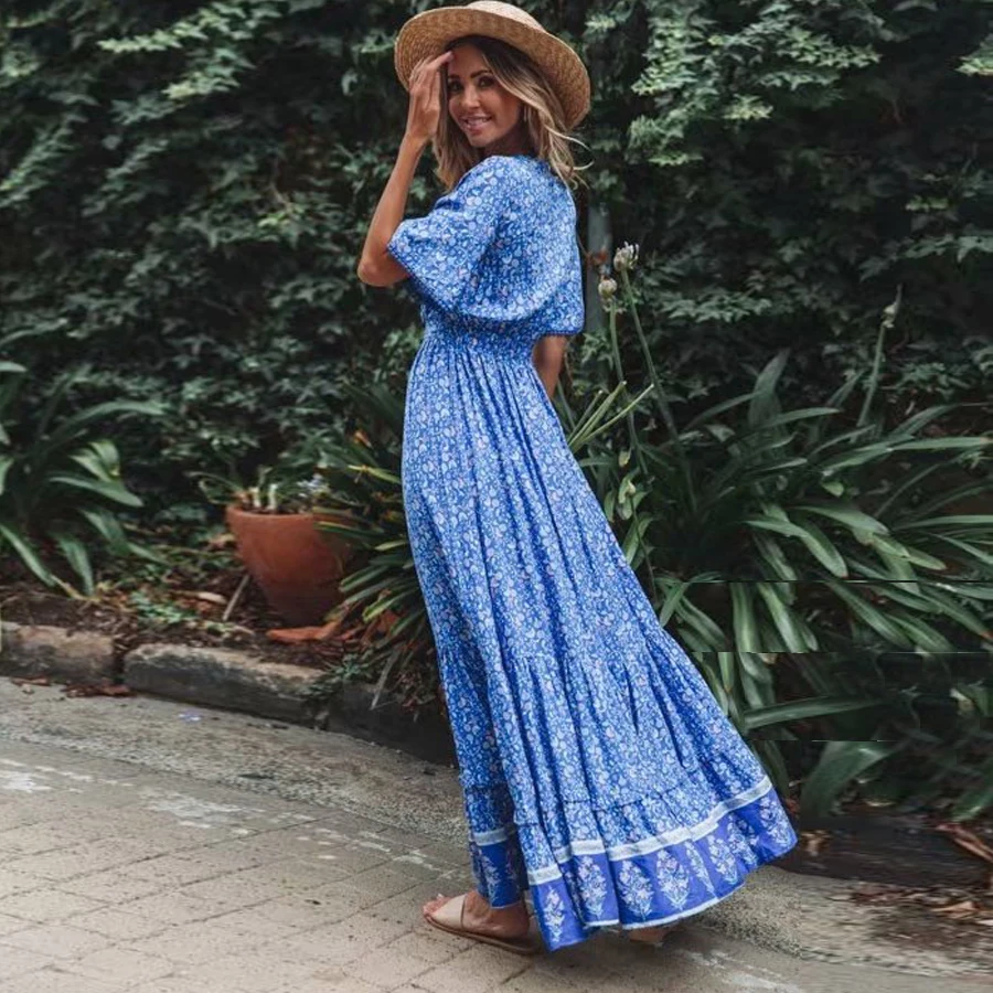 Robes Maxi en Coton Bleu Rayonne pour Femmes, Imprimé Floral, Sexy, V Profond, Boho, Été, Ample, Hiphélicoptère, Longue, Éducative