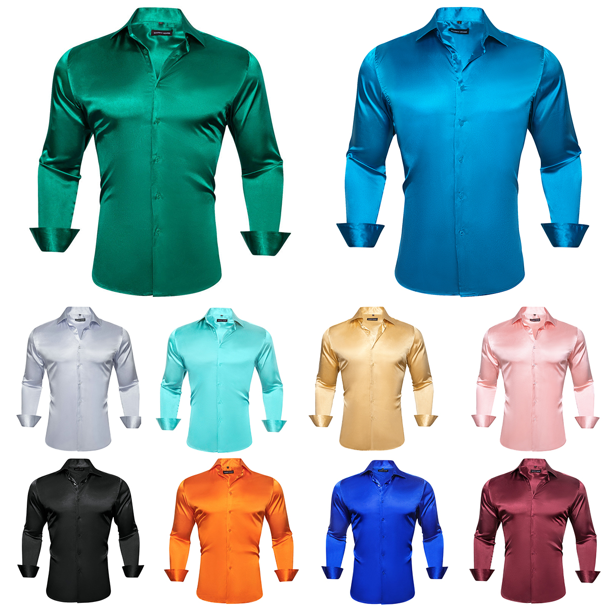 Chemises en soie à manches longues pour homme, vêtement de luxe, couleur unie, vert, bleu, rouge, sarcelle, argent, or, rose, noir, Orange, printemps, automne