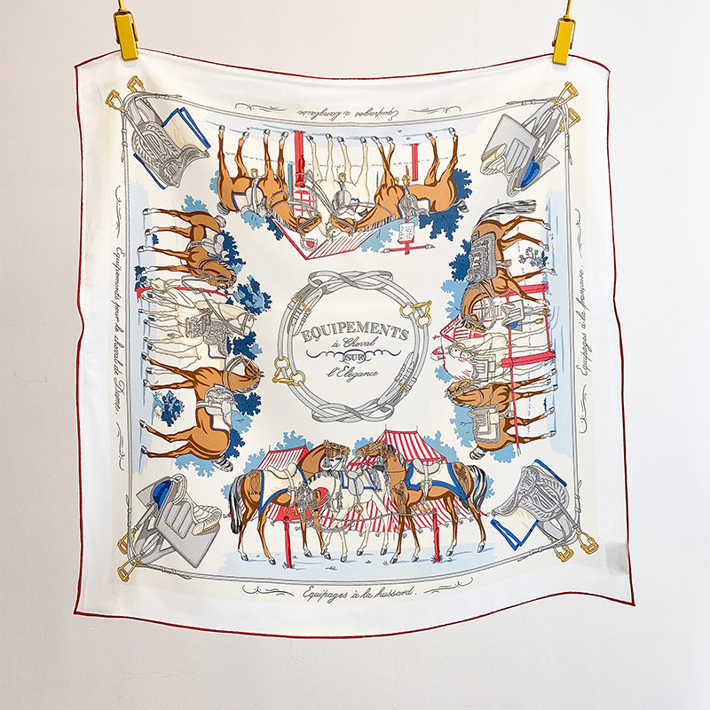 Foulard carré 100% soie de mûrier, imprimé vintage équestre (selle de cheval), bandana unisexe, couvre-cou et tête, idéal pour le bureau, les voyages, les vacances, cadeau
