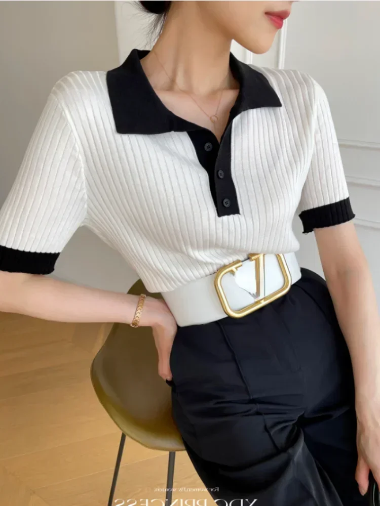 T-shirts d'été tendance pour femmes, T-shirt polo ajusté pour femmes, T-shirt en soie glacée tricoté à col, Crop top élégant en tricot