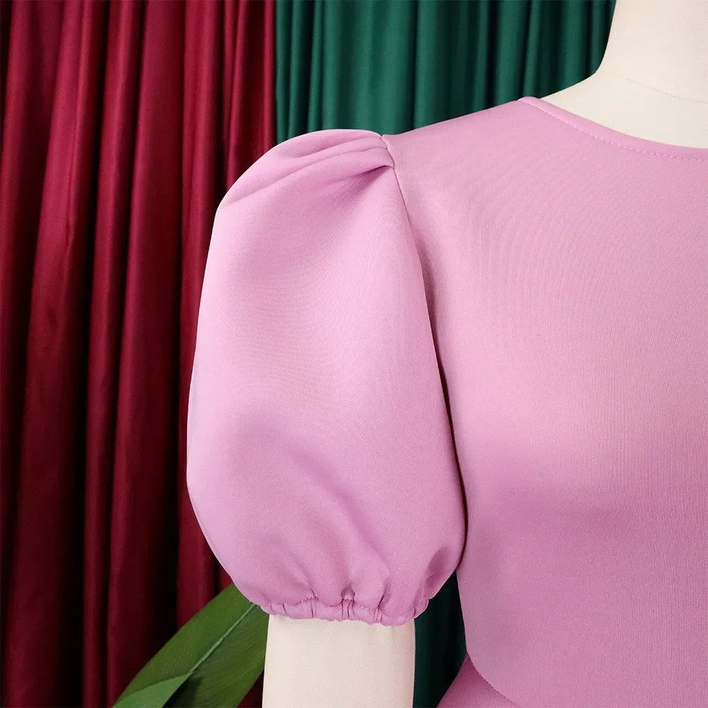 Robes élégantes pour femmes, col rond, manches courtes, taille haute plissée, mi-mollet, luxe féminin, fête d'anniversaire, robe éducative, 2024