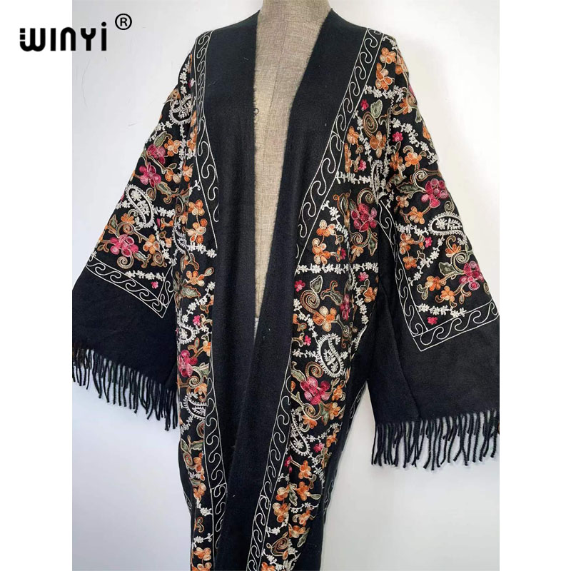 WINYI hiver femmes gland Pashmina broderie Long manteau ample revers robe femme épais chaud taille libre moyen-orient femme KIMONO