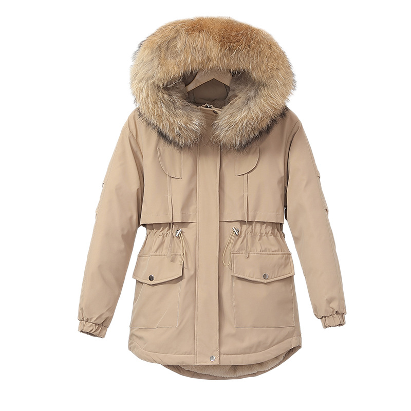 Manteaux Parkas à capuche pour femmes, vestes mi-longue surdimensionnées, col en fourrure solide, fermeture éclair, cordon de serrage, ample, élégant, décontracté, automne hiver 2025