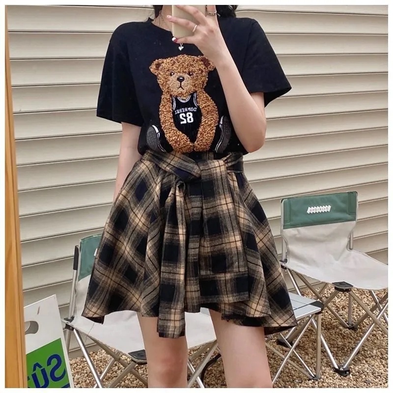 Ensemble jupe et haut d'été pour femme, t-shirt noir à manches courtes, jupe à carreaux trempée, mode esthétique