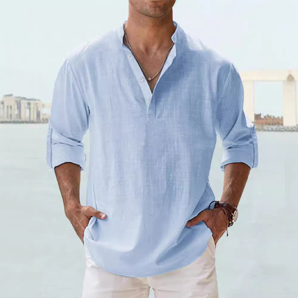 Chemise d'été pour homme en lin à col montant et manches longues, coupe ample, couleur unie, en coton et lin, vêtements pour homme