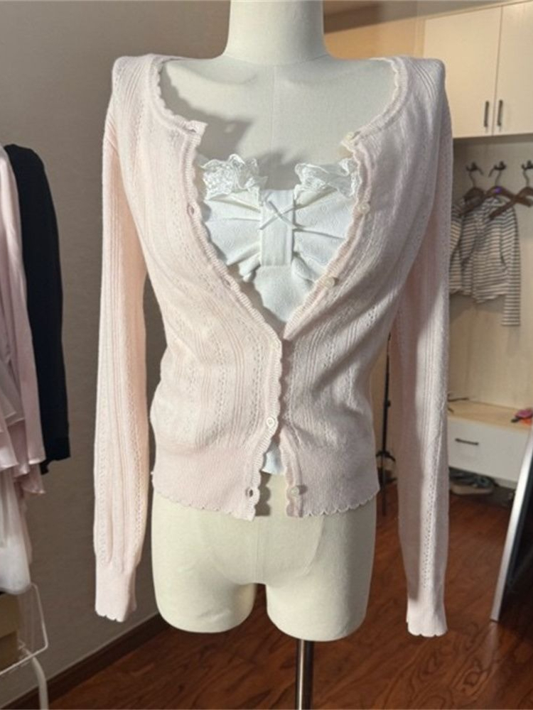 Ensemble 3 pièces mode coréenne pour femme : Cardigan en maille blanc à coupe ajustée avec nœud en dentelle et manches longues à volants, débardeur et jupe courte rose Kawaii