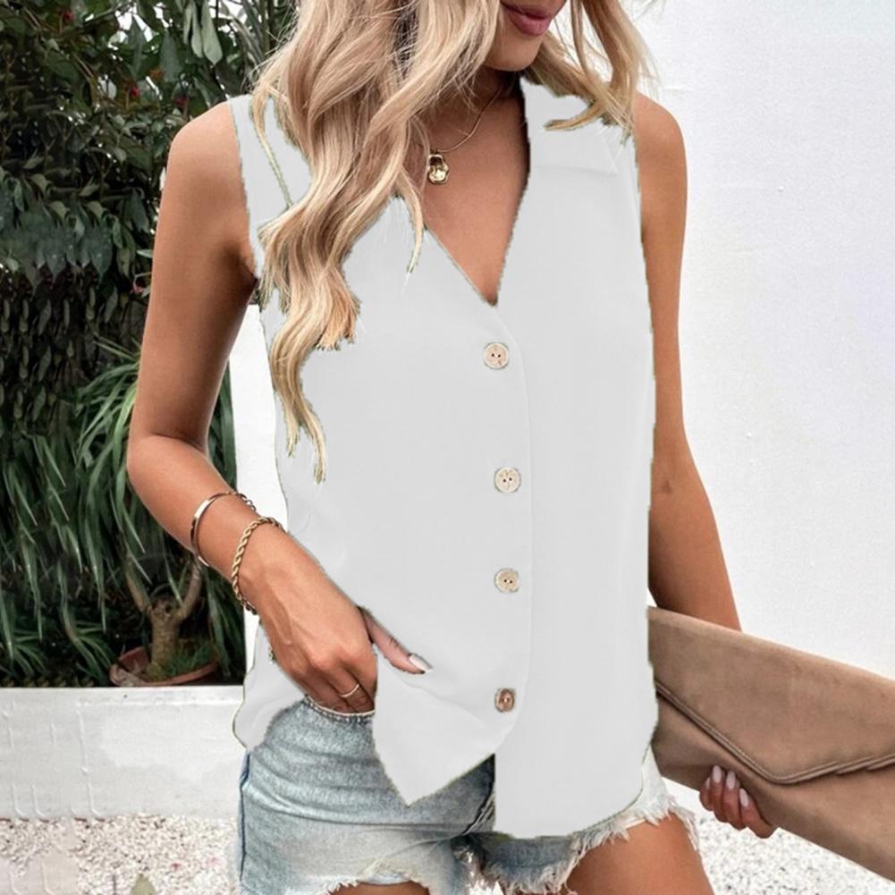 T-Shirt d'été pour femmes, débardeur décontracté, surdimensionné, col en v, sans manches, boutons, simple boutonnage, mi-long, chemises pour femmes