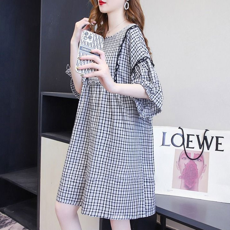 Robe mi-longue à carreaux pour femmes, vêtements décontractés, ligne A, nœud, plis, épissé, mince, col rond, basique, manches courtes, été