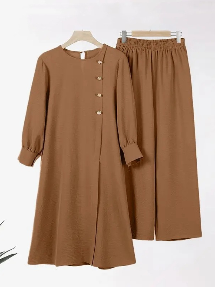 Ramadan femmes Eid musulman deux pièces Ensemble chemisier fendu et pantalon Musulman Ensemble bouton chemise pantalon correspondant ensembles Femme Abaya 2024