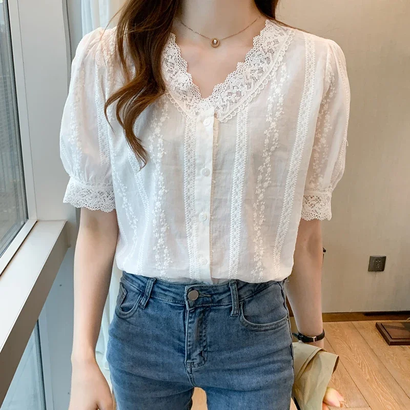Été à manches courtes chemisier blanc chemise haut pour femme Blusas Mujer De Moda 2024 Verano dentelle col en v Blouse femmes Blouses Blusa F452