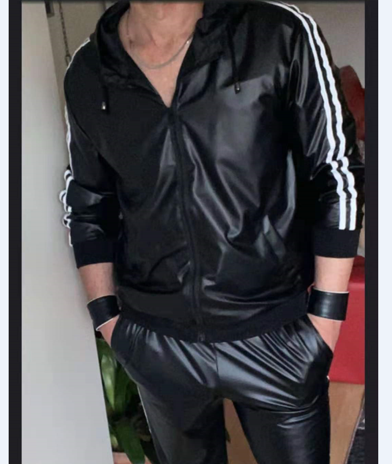 Costume à capuche en cuir PU pour hommes, vêtements de sport décontractés, Jogging, vêtements de sport, ensemble de survêtement juteux