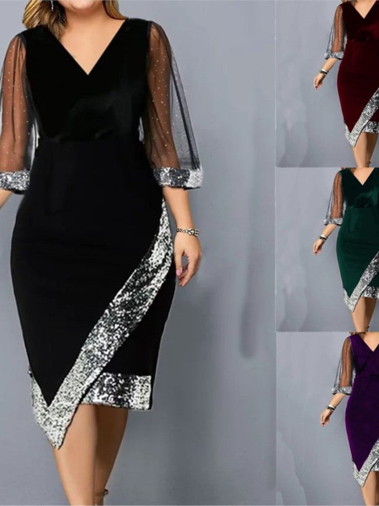 Robe en velours doré pour femmes, vêtements de printemps et d'été, nouvelle mode, paillettes irrégulières, maille transparente, manches cinq quarts