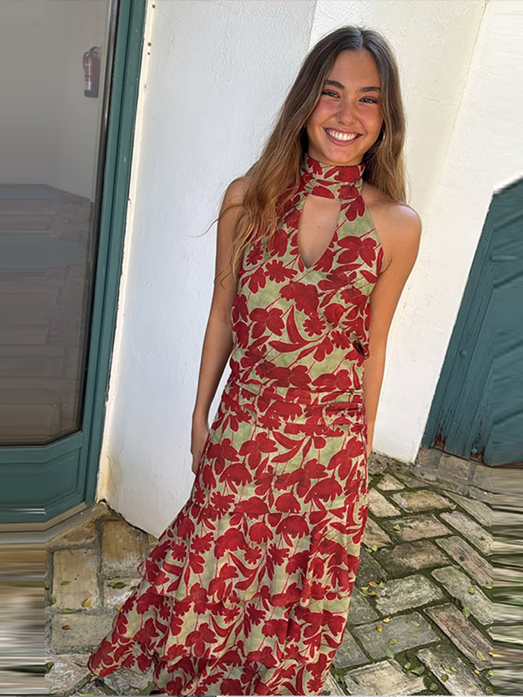 Robe longue vintage imprimée pour femme, sans manches, dos nu, à volants et découpes, style halter, collection été 2026, pour femme, style urbain