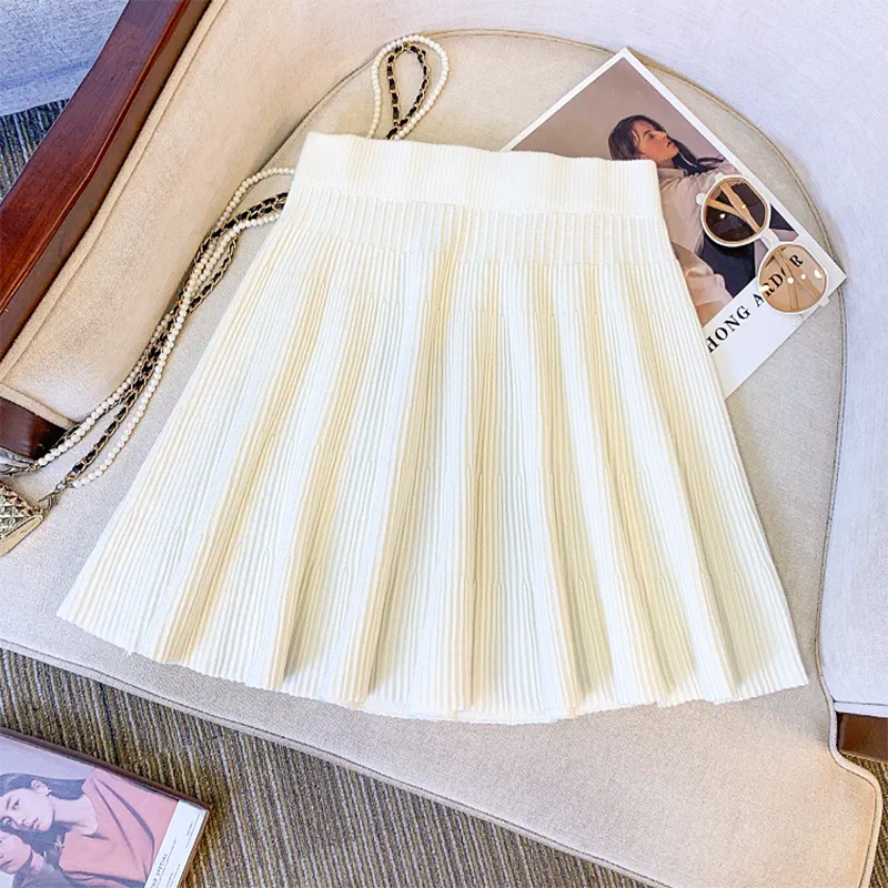 Jupes plissées en tricot pour femmes, couleur unie, décontractées, polyvalentes, basiques, coupe trapèze, automne-hiver, taille haute élastique, jupe courte