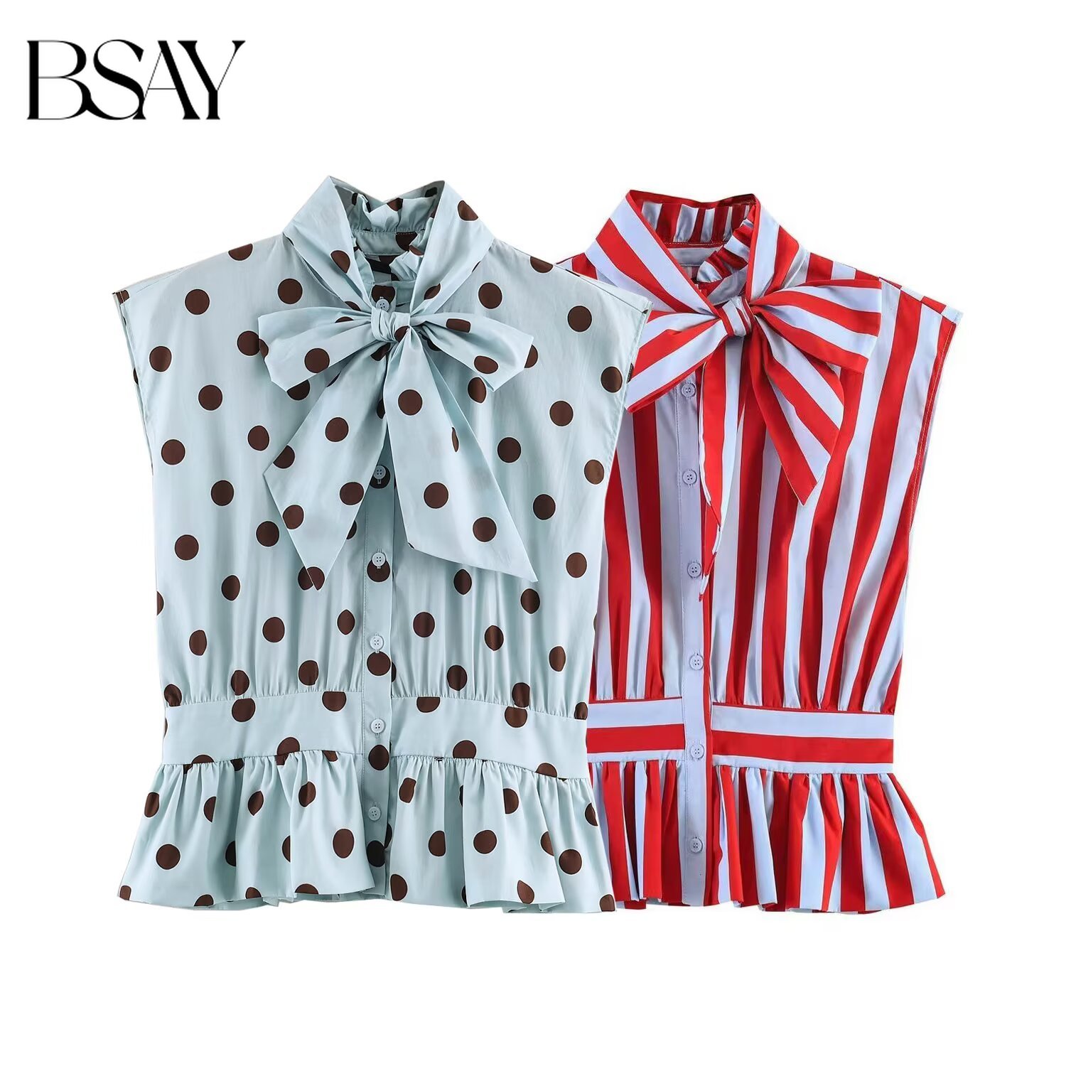 BSAY Nouvelle Blouse Élégante Vintage pour Femme, Col Nœud Papillon, Sans Manches, Imprimé Pois et Rayures, Boutonnée, Taille Peplum Volantée, Crop Top