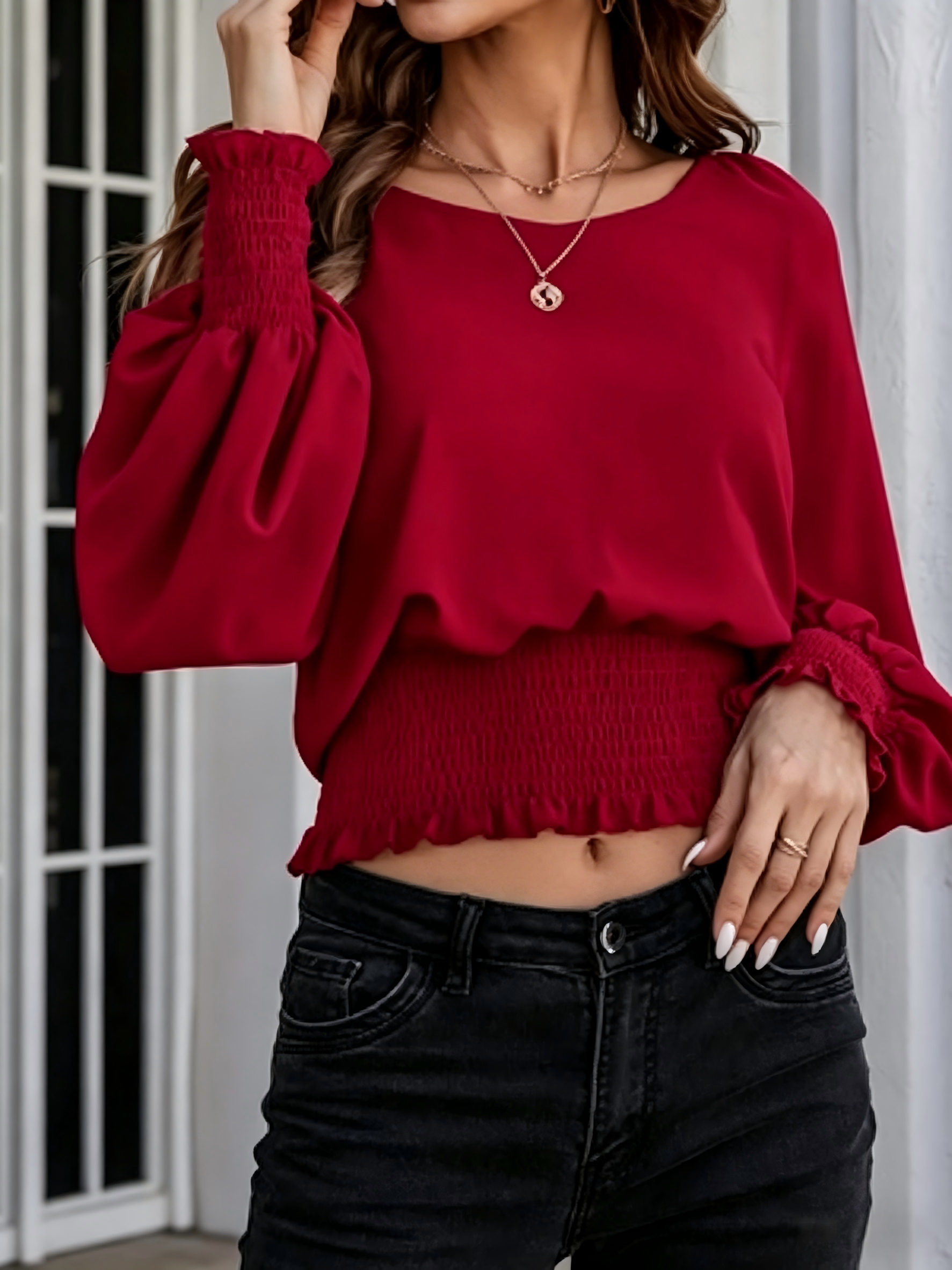 Chemisier Rouge Femme à Manches Longues Bouffantes, Col Rond, Taille Froncée, Poignets Volants, en Chiffon – Élégant, Décontracté, pour le Bureau – Hauts pour Dames 2025