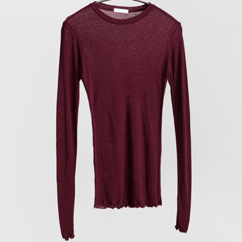 T-shirt uni à manches longues pour femmes, de haute qualité, élastique, basique, décontracté, Sexy, fin, transparent