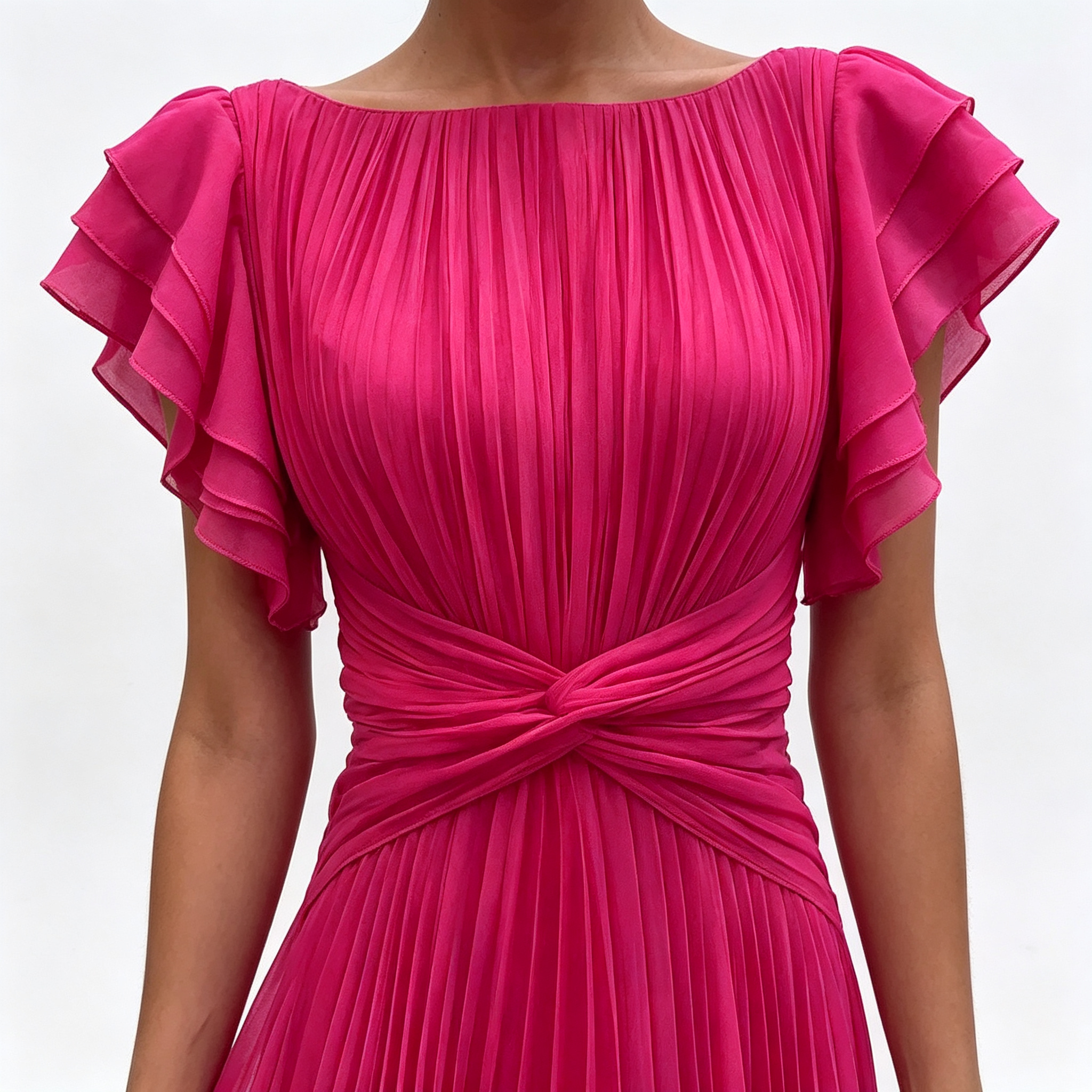 Robe de soirée élégante pour invitées de mariage, longue, coupe trapèze, à manches courtes, plissée, épaules dénudées, maxi, rose fuchsia uni