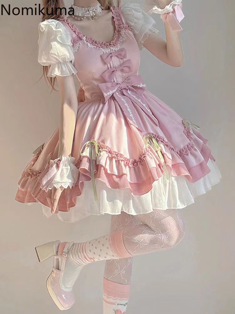 Robe rose douce femmes vêtements Style Lolita japonais mignon Robe Femme 2025 robes De Mujer nœud plis a-ligne robes d'été mignonnes