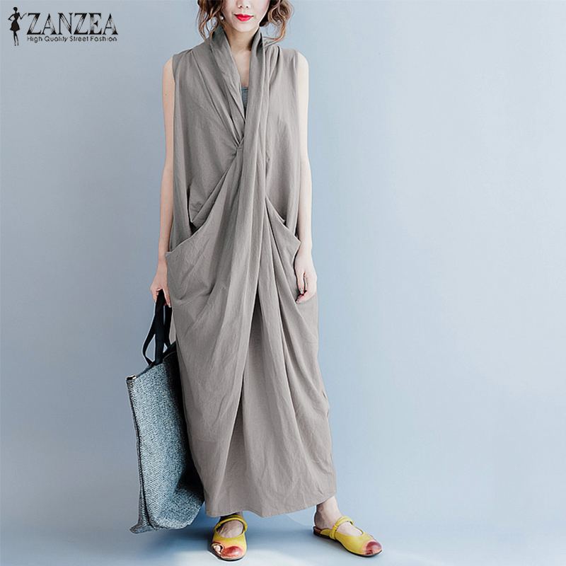 ZANZEA surdimensionné asymétrique Maxi robe femmes été 2025 vacances robe d'été Femme col en V drapé Robes rayonne Robes Femme