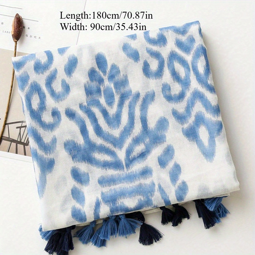 Écharpe légère à franges de Style bohémien, imprimé géométrique rétro bleu et blanc, nouvelle collection élégante en mousseline de soie balineuse rétro pour dames, 1 pièce
