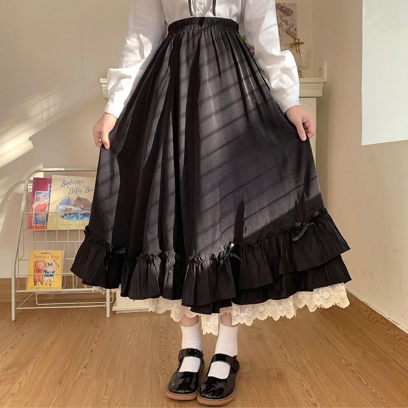 Jupe femme Vintage français élégant à volants Double couche demi-jupe Lolita jupes longues femmes mode 2023 a-ligne jupe plissée