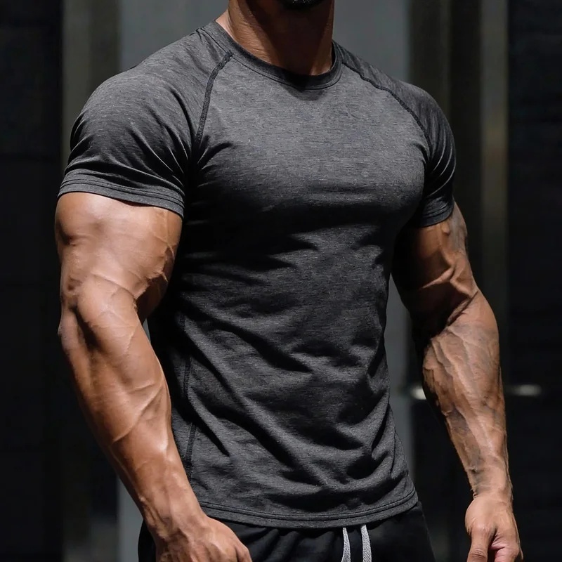 T-shirt de sport pour homme, confortable et respirant pour l'été, coupe ajustée, fitness, entraînement, décontracté, couleur unie
