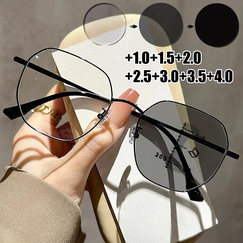 Lunettes de lecture photochromiques tendance pour femmes et hommes, monture carrée classique HD presbytie, couleur changeante, multifocales progressives